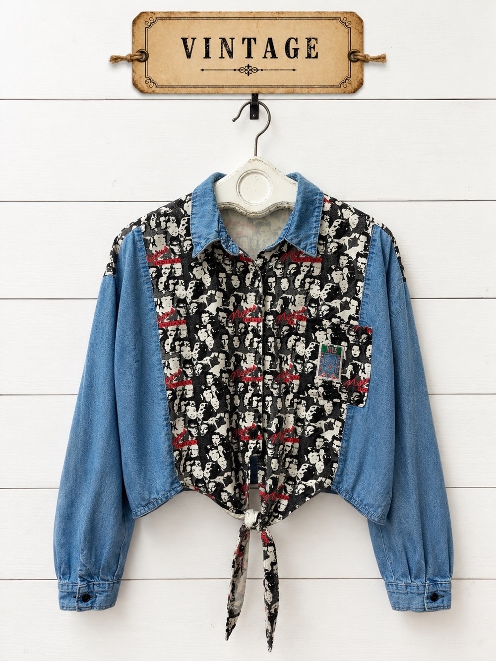 Nils Denim & Graphic Print Tie-Front Shirt – Vintage – Size L